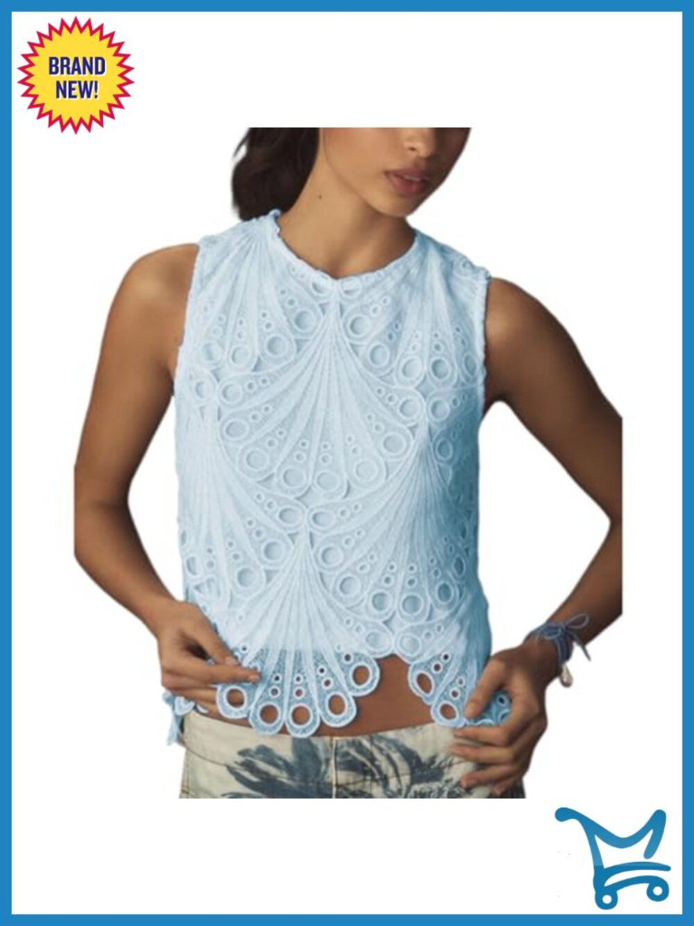Lace Tank Top Sleeveless Embroidered Eyelet Blouse Cotton Lined Crew Neck